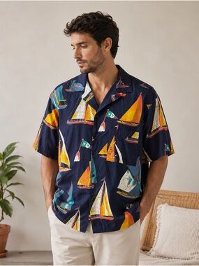 Vintage Gottex Nautical Sailboat Print Button Up Shirt XL Navy Resortwear